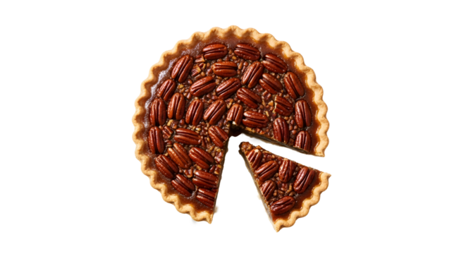 Overhead view of a pecan pie with a slice removed on transparent background