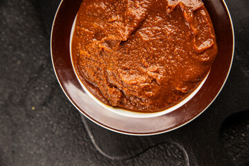 Miso paste spice thick soybean paste for cooking Japanese food tasty snack fresh delicious gourmet food background on the table rustic food top view copy space