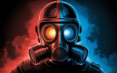 Gas mask with split red and blue lighting protection