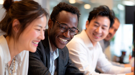 Obraz premium Diverse colleagues share laughter and camaraderie, fostering a joyful workplace atmosphere.