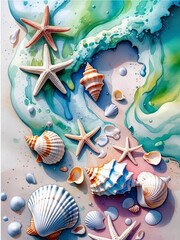 Watercolor beach landscape with seashell and palm tree, beautiful ocean painting,  coastal, tropical beach, summer sunset beach vacation art illustration