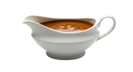 Gravy in a white porcelain gravy boat on transparent background