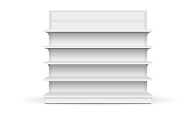 White empty store shelf rack mockup front. front view Product shelves counter design