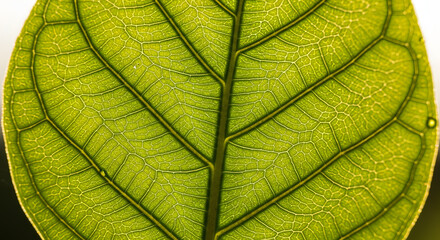 Obraz premium A vibrant green leaf is backlit by the sun revealing its intricate network of veins in a detailed macro photograph that symbolizes life nature and biology.