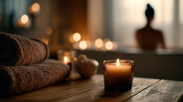 Serene spa scene with lit candles, soft towels, and a figure bathing in a warm, relaxing ambiance.