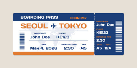 Realistic illustration of airplane ticket boarding pass with passenger name and destination. Concept of travel, journey or business trip. © Ice pick
