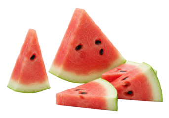 Macro flat lay of vibrant red watermelon wedge and slices, black seeds, green rind, dewy effect, white background, soft studio lighting. Concept of summer refreshment