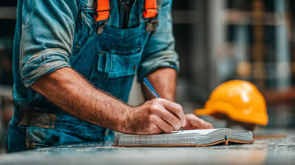Construction worker with note taking: Capturing the essence of diligent work, a construction worker is meticulously documenting essential details with a pen and paper.