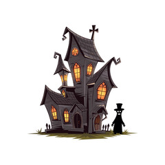 Haunted House with Glowing Windows and Mysterious Shadow Figure, Spooky Halloween Illustration