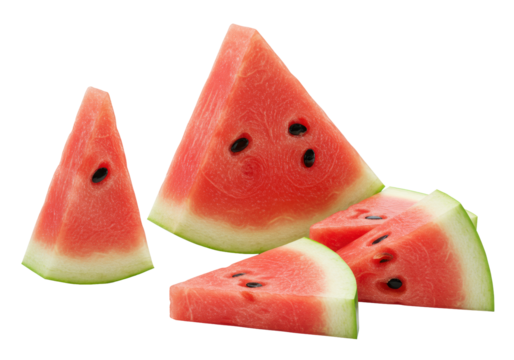 Macro flat lay of vibrant red watermelon wedge and slices, black seeds, green rind, dewy effect, white background, soft studio lighting. Concept of summer refreshment