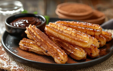 Brown, textured churros sit on a dark plate with chocolate, sprinkled cocoa, for dessert menus, restaurant websites, or food product photography.