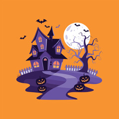 Haunted House with Pumpkins, Full Moon, and Bats, Spooky Halloween Illustration on Orange Background