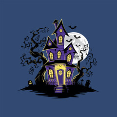 Spooky Haunted House with Full Moon, Bats, and Creepy Tree, Halloween Illustration