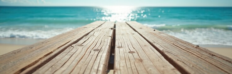 Wooden pier extends towards blue ocean water on sunny summer day. Textured wood planks create natural pathway leading to sea. Gentle waves lap sandy shore under clear sky with bright sun reflection.