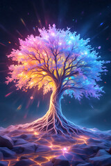 Regenbogen-Zauberbaum mit leuchtenden Wurzeln - Magische Baum Wallpaper - Zauberbaum Hintergrundbild