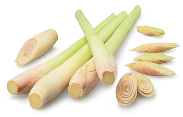 Fresh lemongrass stalks and slices isolated on white background. Clipping paths.