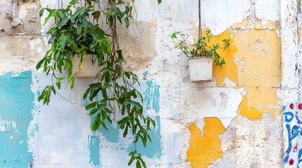 Lush green plants in white pots hang against textured wall with vibrant yellow and blue paint, creating lively urban atmosphere