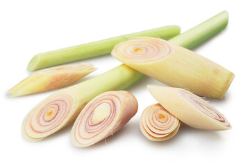 Fresh lemongrass stalks and slices isolated on white background. Clipping paths.