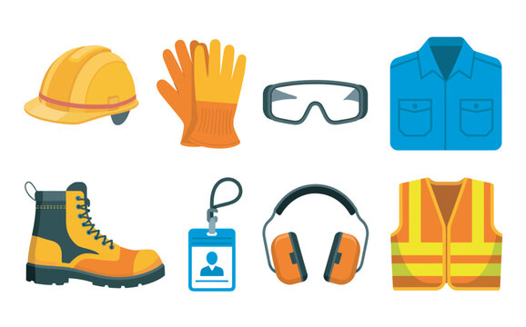 Collection of safety equipment and personal protective gear for construction and industrial work