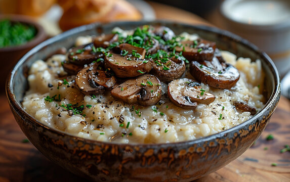 Creamy risotto shines with mushrooms, chives. Appetizing and flavorful, suited for cookbook illustration, food blog image, menu design.