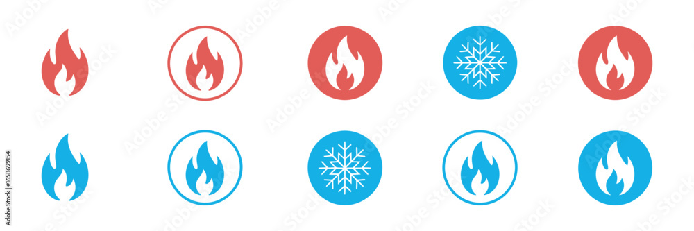 Wall mural a collection of hot and cold temperature vector icons. flat graphic design set featuring fire flame 