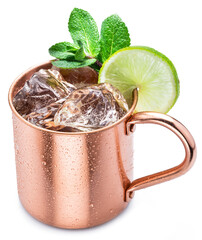 Сopper cup with Moscow mule drink decorated with lime and mint leaves white background. Clipping path.