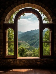 Fototapeta premium A stunning view of rolling mountains and lush greenery framed by an elegant arched window.