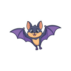 Cute Cartoon Bat Flying with Purple Wings, Happy Halloween Animal Illustration
