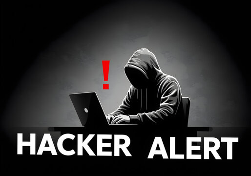 Person in hooded sweatshirt typing on laptop with red exclamatio