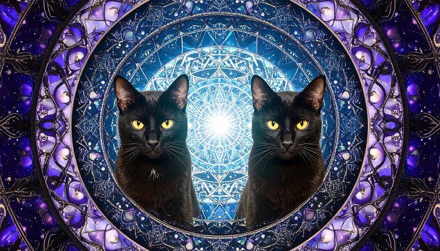 Two black cats in a vibrant, mystical mandala