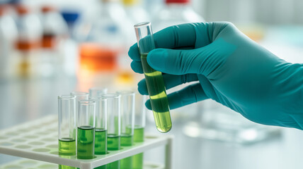 Scientist in a lab holding a test tube with green liquid
