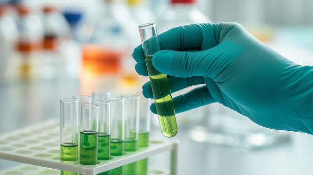 Scientist in a lab holding a test tube with green liquid