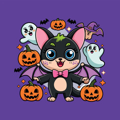 Cute Cartoon Bat with Pumpkins and Ghosts, Halloween Character Illustration on Purple Background