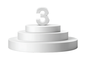 Three tiered white podium with a large, prominent number 3
