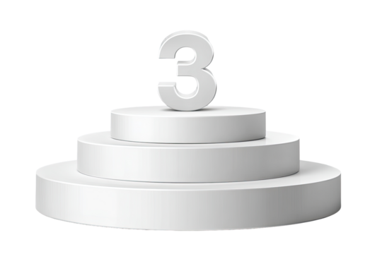 Three tiered white podium with a large, prominent number 3