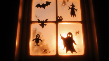 A moody, atmospheric window scene where the playful silhouettes and warm light create a sense of anticipation and mystery for Halloween night