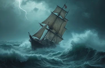 Deken met foto Schip Old sailboat navigates stormy ocean during hurricane. Large waves crash around ship under dark, cloudy sky with lightning strikes. Maritime danger, extreme weather, struggle for survival depicted.  © miss irine