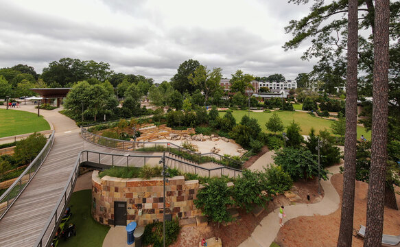 Daytime Drone Images of the Downtown Cary North Carolina Park and Surrounding Areas on a Cloudy Day.	