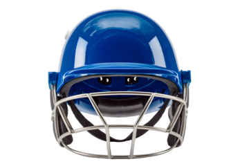 Blue cricket helmet with metal grille isolated on transparent background