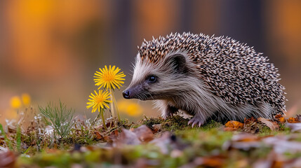 A cute wild hedgehog observes bright yellow dandelion flowers while standing on soft green moss in a natural outdoor setting.