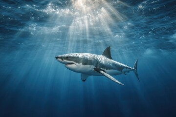 Naklejka premium Great white shark swims gracefully in the clear blue waters of the Pacific Ocean during midday, showcasing its majestic form and natural behavior in the wild