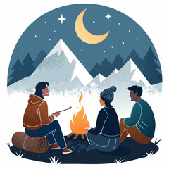 Friends share warm drinks and stories around a crackling campfire under a starry night sky with a crescent moon and majestic mountains.