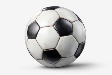 Naklejka premium Classic black and white soccer ball resting on a flat surface, showcasing spherical design and contrasting colors, ready for play on the football field
