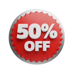 Red and silver discount sticker with fifty percent off message