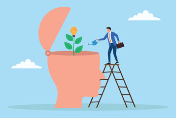 Vector illustration of a businessman on a ladder watering a plant with a light bulb inside an open head, symbolizing nurturing creativity, innovation, and growth of ideas  © Sohag sarkar