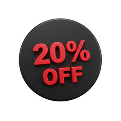 Red twenty percent off text on a dark gray circular shape badge