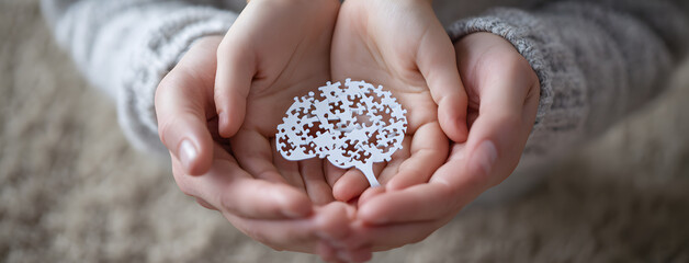Adult and children hands holding brain with puzzle paper cutout, autism, memory loss, dementia, epilepsy and alzheimer awareness, world mental health day concept