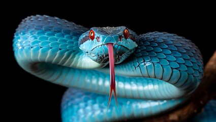 Close up of a striking blue viper snake with its tongue flicking and red eyes against a dark background