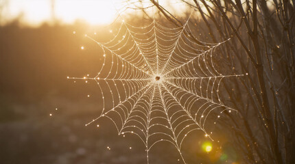 Intricate, shimmering webs adorned with subtle holiday decorations, blending the chills of autumn mornings and festive Halloween excitement