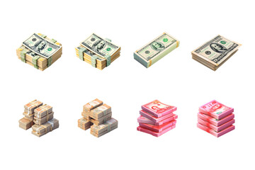 Stack of 100 dollar bills with a set of rubber stamps on a white background